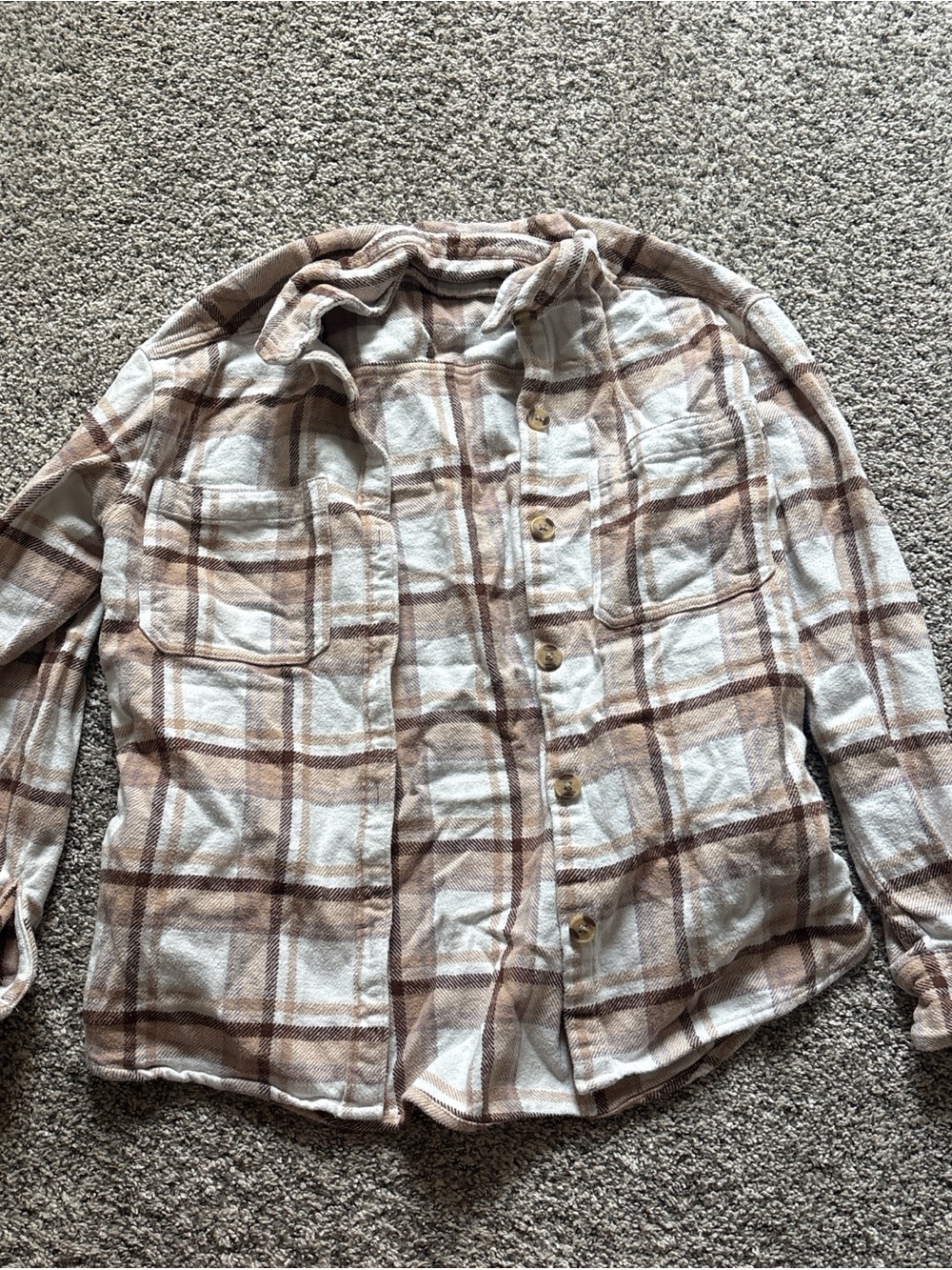 Hollister Cream Plaid Button-Up Shirt Jacket with Brown Stripes